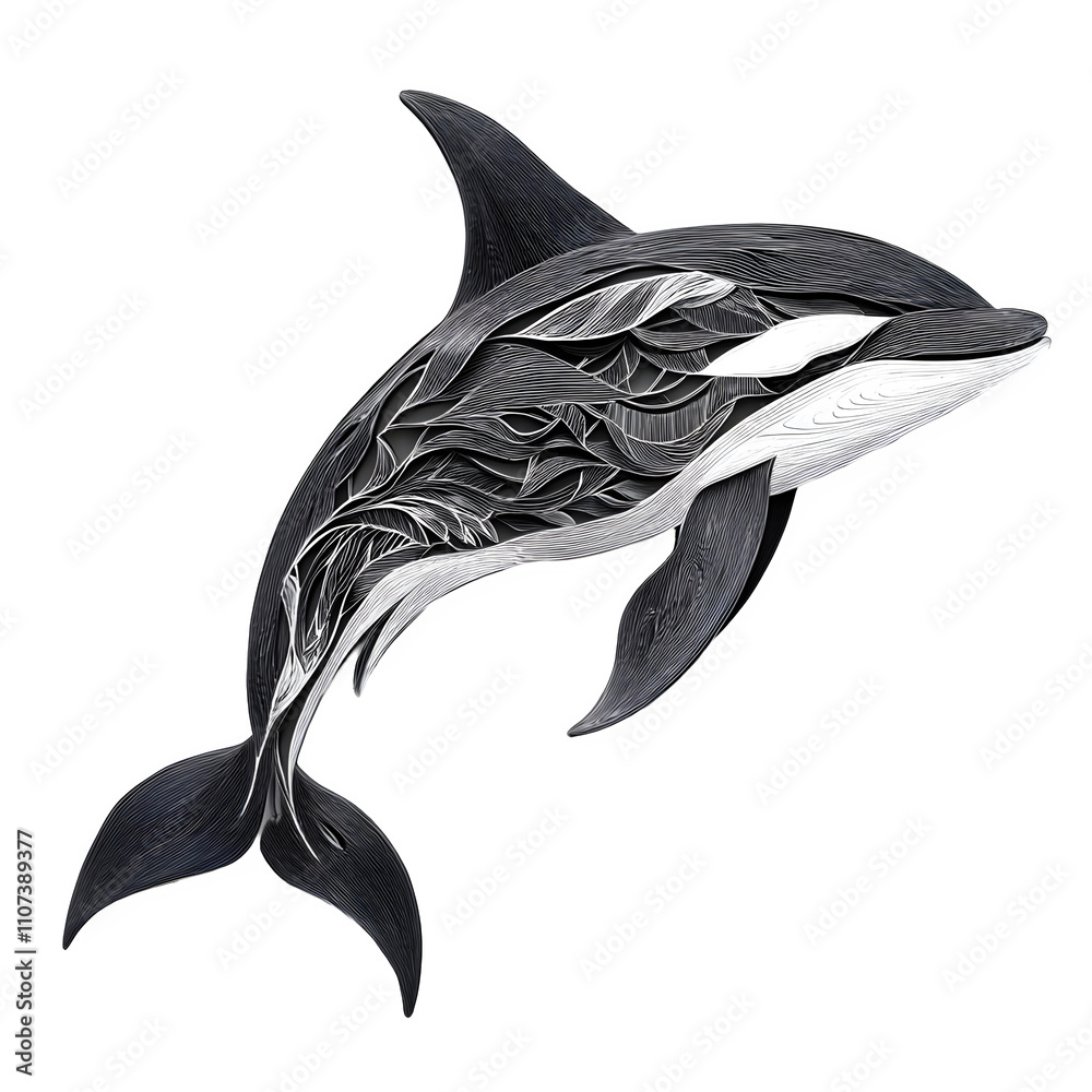 Poster jumping orca with floral pattern creating a stunning artistic portrayal of marine life against a tra