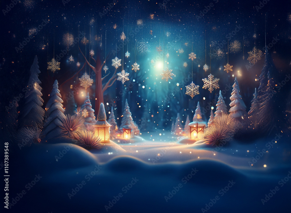 Poster enchanted winter forest scene. snow-covered path illuminated by glowing lanterns and hanging snowfla