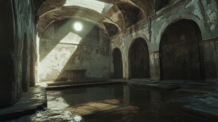 Fototapeta premium A photograph of an ancient bathhouse interior, with stone walls and arched ceilings, and the light filtering through small windows