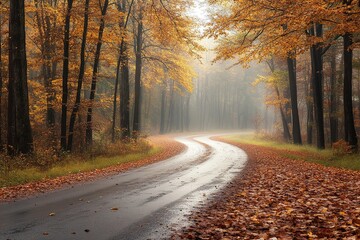 Fototapeta premium Curving road through a misty autumn forest with colorful leaves on the ground at sunrise