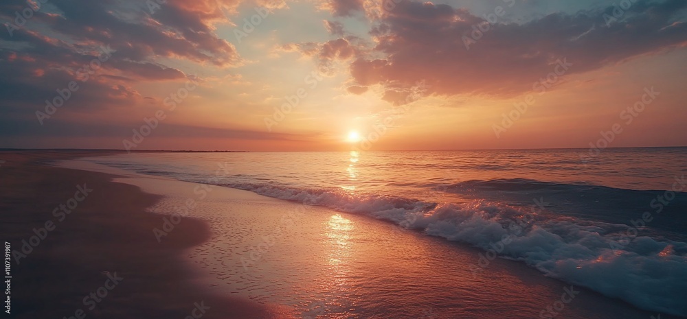 Poster serene sunset over the ocean with gentle waves and colorful clouds.
