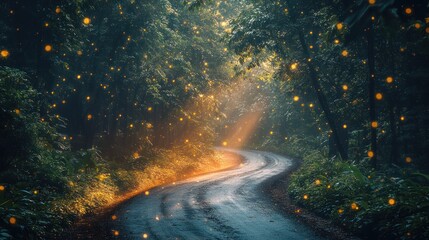 Obraz premium Magical forest road with fireflies at night.