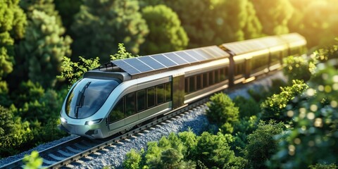 A modern solar-powered train traveling through a lush green landscape.