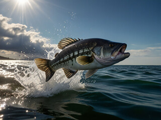 Fototapeta premium A black bass makes a dynamic jump out of the water.
