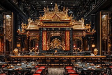 Fototapeta premium Exquisite asian dining experience elegant restaurant cultural ambience urban setting wide angle millennial gray aesthetic