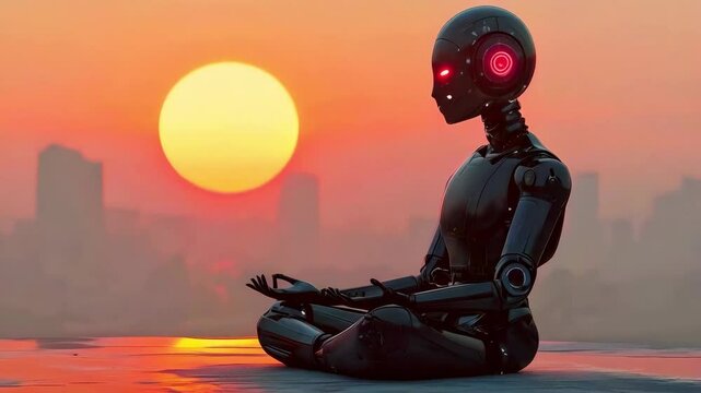 Meditating robot droid android in lotus pose on vibrant sunset background with peaceful atmosphere new beautiful stock video footage animation AI