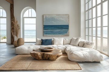 Coastal living room design ocean view modern home decor bright environment minimalist concept with millennial gray accents