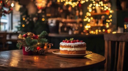 Cozy Cafe Corner with Vanilla Cake on Wooden Table