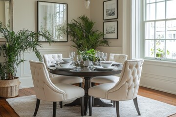 Obraz premium Elegant dining experience for millennials in gray tones modern home setting interior design cozy atmosphere contemporary style