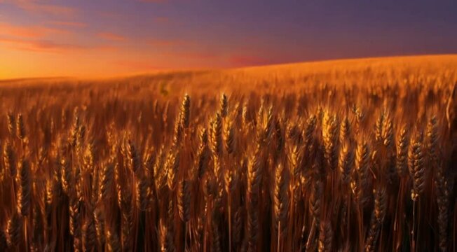 golden wheat under a sunset sky, as vibrant hues fade into serene purples, creating tranquil visuals