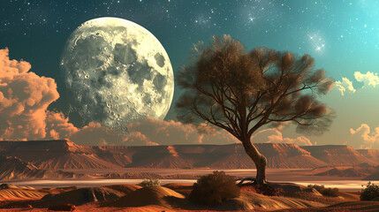 A lone tree in a desert landscape, with a giant moon rising in the background.