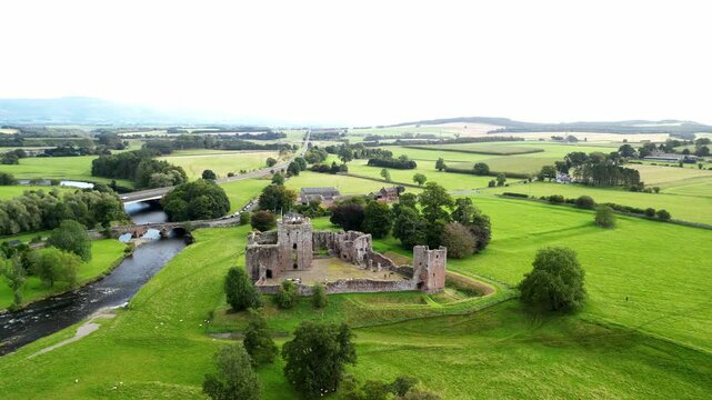 The Brougham Castle and the Eamont river, United Kingdom. Aerial footage.