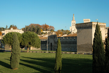 Scenic view of Avignon. Historic architecture of an enchanting Old Town. Majestic Palais des Papes...