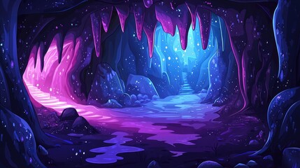 A Fantasy Cave Entrance with Glowing Purple and Blue Pathways