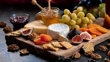 Fototapeta premium A gourmet cheese platter featuring assorted cheeses, fresh fruits, nuts, and crackers on a wooden board. Perfect for parties or gatherings, offering an elegant and delectable snacking experience.
