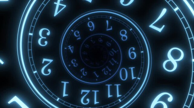 Vintage simple abstract blue neon glows infinite spiral clock face seamless animation. Surreal office watch twisted time motion graphic concept
