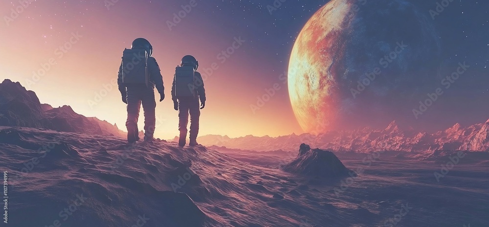 Poster two astronauts exploring a distant planet at sunset.