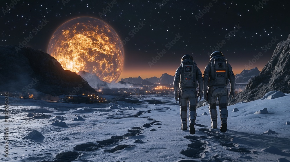 Poster two astronauts walking on a snowy landscape with a giant planet in the sky.