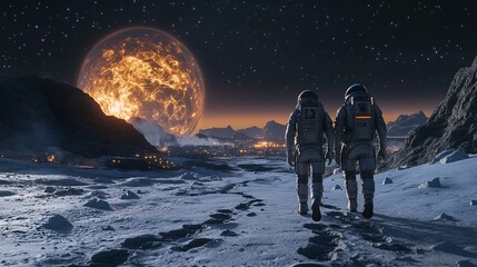 Obraz premium Two astronauts walking on a snowy landscape with a giant planet in the sky.