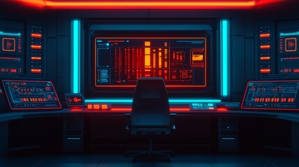 Obraz premium Peak energy reliability concept. Futuristic control room with glowing screens and a sleek chair in neon colors.