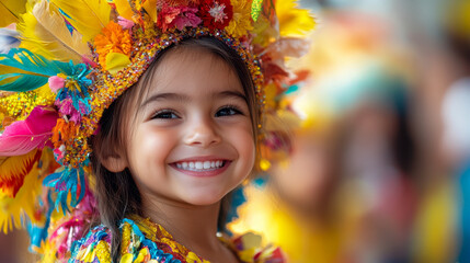 Fototapeta premium Smiling latina girl in colorful feathered costume at a lively festival celebration