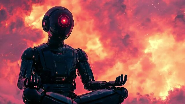 Meditating robot droid android in lotus pose on vibrant sunset background with peaceful atmosphere new beautiful stock video footage animation AI