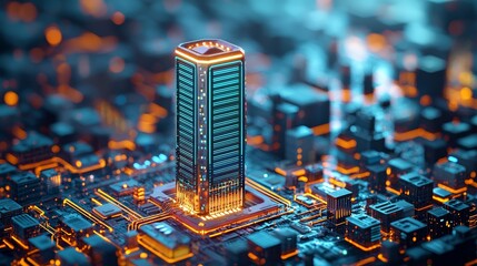 Obraz premium Peak energy reliability concept. Futuristic cityscape with a glowing skyscraper and circuit-like design.