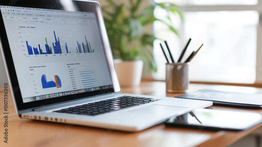 Poster a laptop displays colorful graphs and charts analyzing real estate trends. the workspace features pl