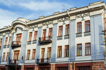 Obraz premium This striking building in Irkutsk showcases its unique architectural style and intricate details amid autumn scenery. Irkutsk city, historical building. 