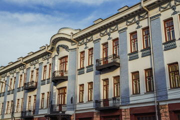 Fototapeta premium This striking building in Irkutsk showcases its unique architectural style and intricate details amid autumn scenery. Irkutsk city, historical building. 