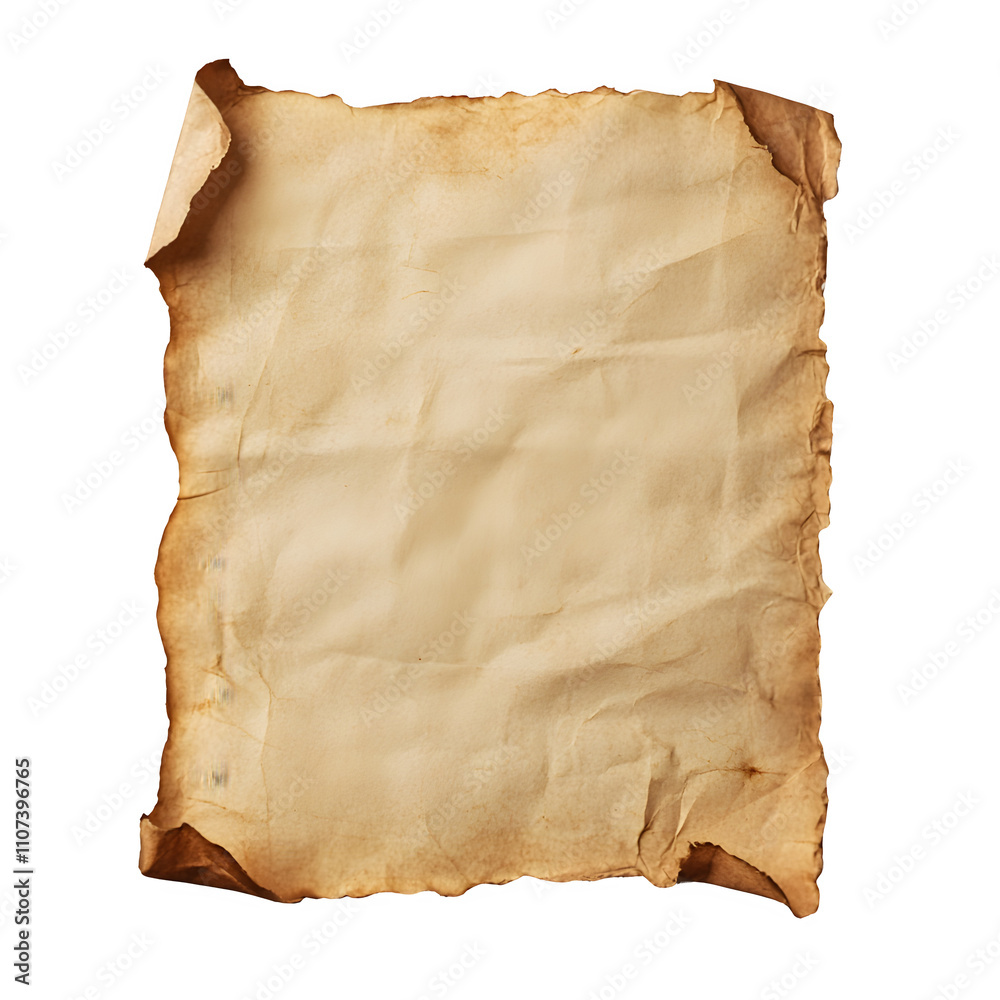 Poster Aged paper with scorched edges isolated on transparent background, offering space for text or design elements