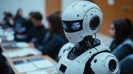 Fototapeta premium Humanoid ai robot instructor in minimalist classroom setting