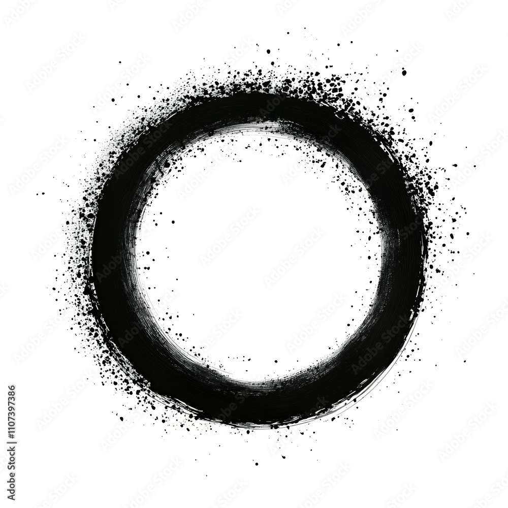 Poster Black grunge circle on a transparent background with painting brushstrokes and splatters, adding abstract and graphic art to projects
