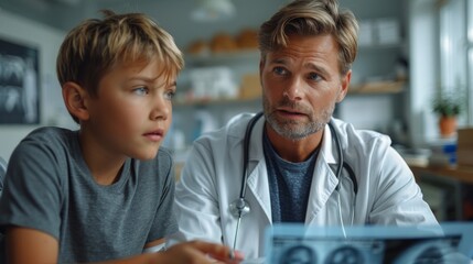 Middle-aged doctor in lab coat explains X-ray to young boy in a healthcare setting. Professional and caring interaction likely about boy's medical condition.