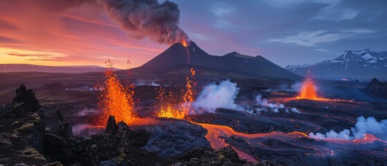 Night view  volcano in Iceland erupting with red-orange lava streams. Pink-orange sky, smoke plumes, and rugged mountain silhouettes create a dramatic scene.