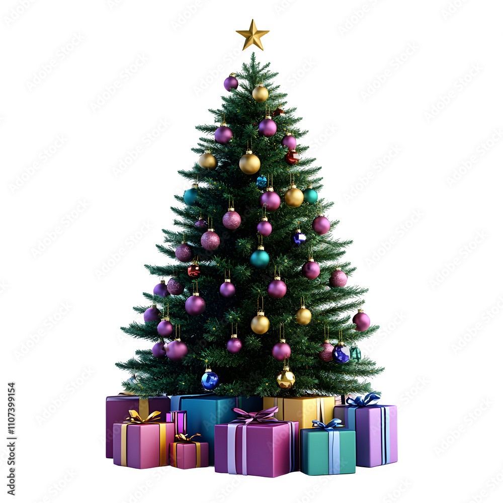 Poster 3d rendering of christmas tree with colorful ornaments and gift boxes, isolated on transparent background