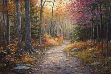 Obraz premium A Serene Autumn Landscape Path Through Vibrant Trees and Colorful Foliage, Inviting Nature Walks in a Peaceful Woodland Setting