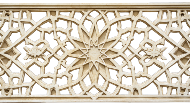 A geometric pattern of Islamic-inspired geometry, made from sandstone on the wall, against a black background.