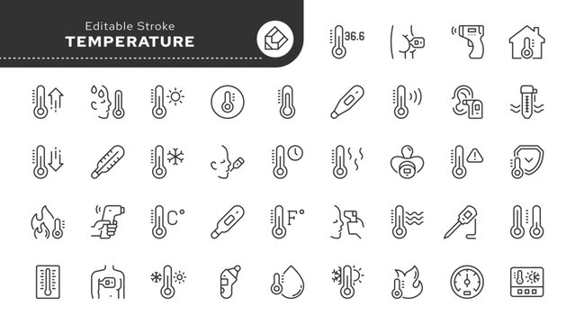 Temperature and thermometer line icon set. Water and air temperature. Mercury, electronic, infrared thermometer. Oral, rectal, ear temperature. Outline icons collection. Series vector pictograms.	
