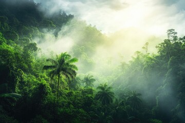 Obraz premium Aerial view of a foggy forest with mountains in the background