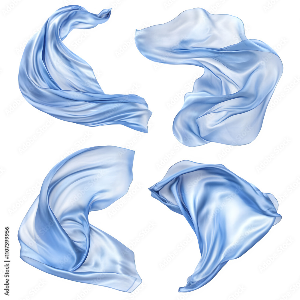 Aufkleber four unique shapes of flowing light blue fabric on a transparent background, ideal for bringing a to