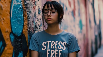 Naklejka premium Person in 'stress free' t-shirt against graffiti wall, symbolizing calm amidst chaos.