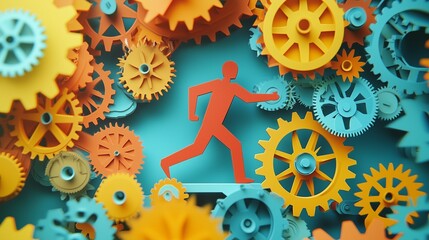 A figure moves through colorful gears, symbolizing lean process optimization and efficiency.