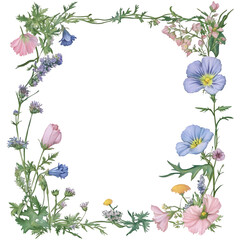 Fototapeta premium Hand-painted watercolor frame featuring delicate wildflowers, leaves, and vines on a transparent background, perfect for adding a touch of nature to designs
