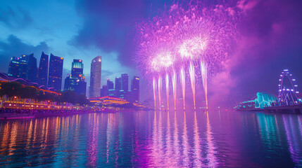 Fototapeta premium Spectacular night fireworks over skyline and waterfront in urban cityscape