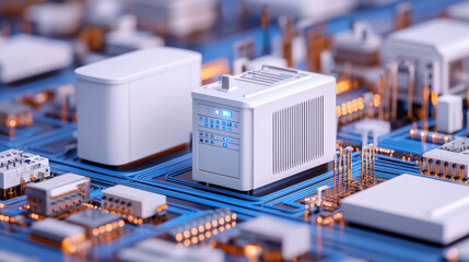 Peak energy reliability concept. High-tech microchip on a blue circuit board with intricate details.