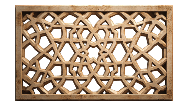 A geometric pattern of Islamic-inspired geometry, made from sandstone on the wall, against a black background. - Powered by Adobe