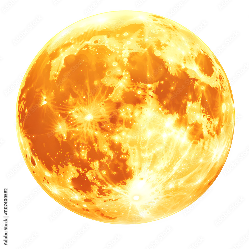 Poster close-up of a glowing yellow full moon with visible craters, isolated on a transparent background, p