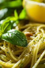 Close-up of spaghetti pasta with pesto sauce, fresh basil leaves, and lemon.