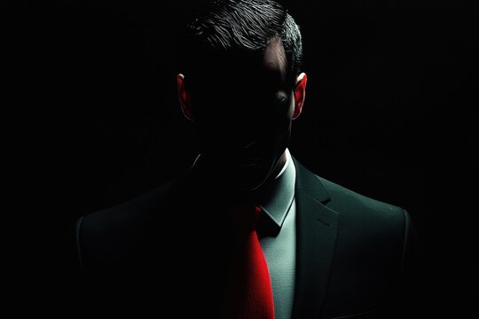 A dark and dramatic silhouette of a mysterious businessman in a suit and red tie, shrouded in shadows with a mysterious aura.